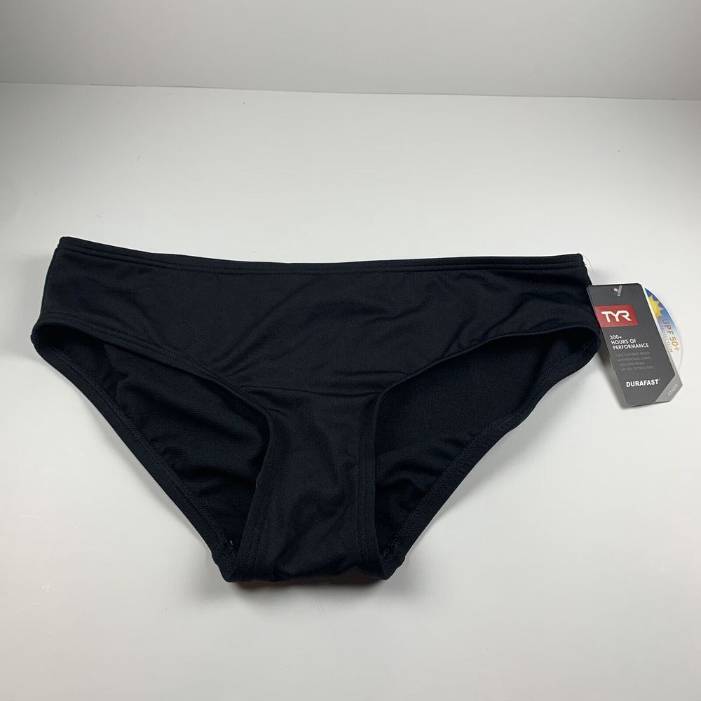 TYR Durafast Elite Solid Mid-Rise Bikini Bottoms Women's 12 Black Swimwear Beach